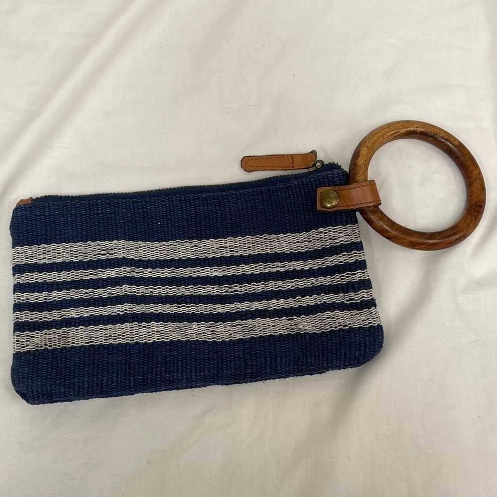 MUD PIE Blue White Striped Cotton Jute Wooden Wristlet Clutch Purse Bag Handbag
